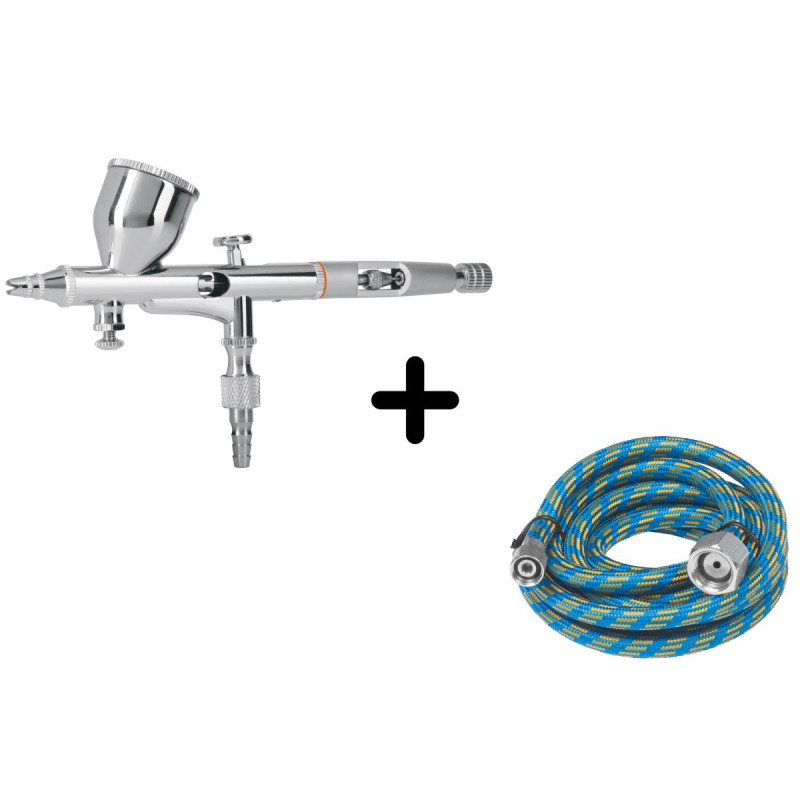 Pistola aerográfica de gravedad con vaso fijo + Manguera Truper
