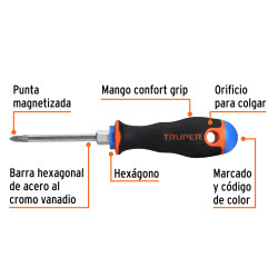 Destornillador Punta Phillips 3/16"x 3" Con Mango Comfort Grip Truper