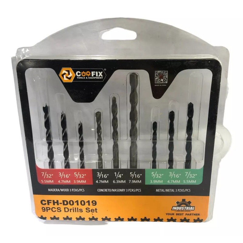 Juego De 9 Brocas Para Acero Rápido, Concreto Y Madera, Coofix