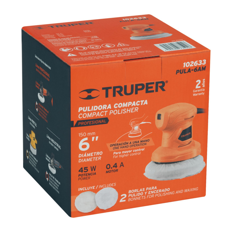 Pulidora compacta a una mano, Polichadora 6", 45W, TRUPER PRO