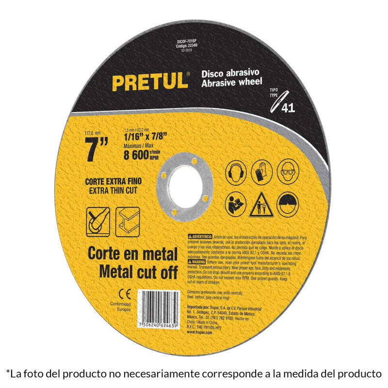 Disco Para Corte Extrafino De Metal 7" 2.0MM Uso General Pretul