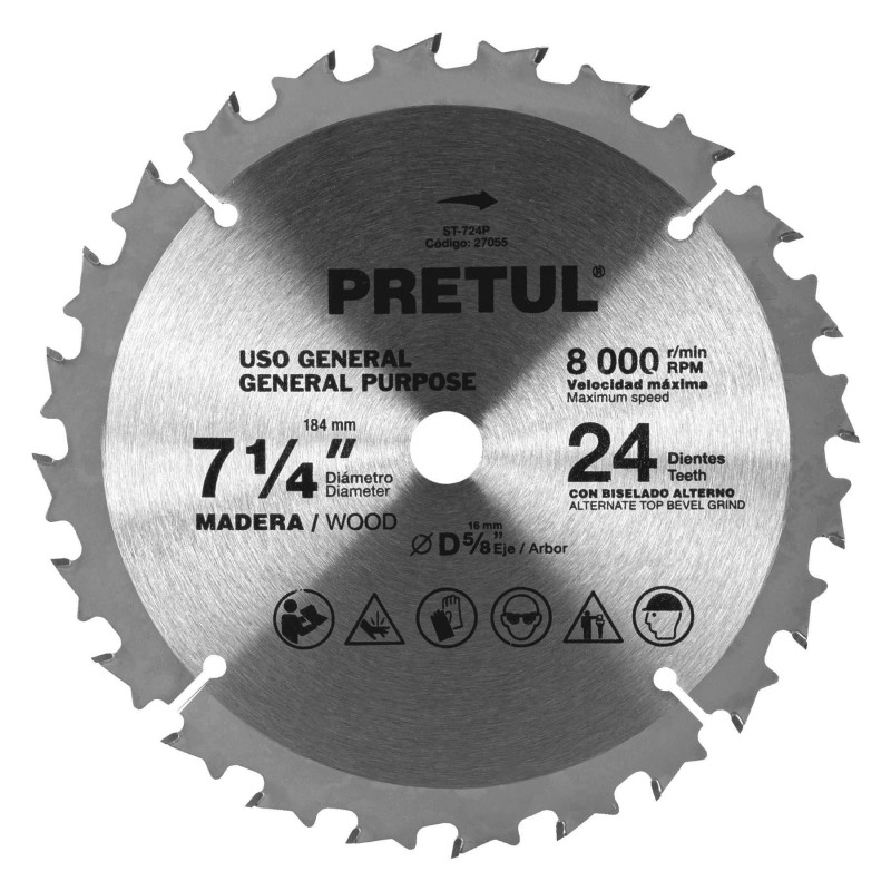 Disco sierra p/madera 7-1/4',24 dientes, centro 5/8', Pretul"