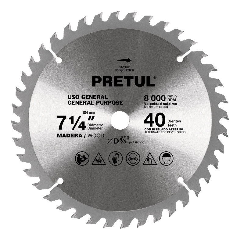 Disco sierra p/madera 7-1/4',40 dientes ,centro 5/8', Pretul"